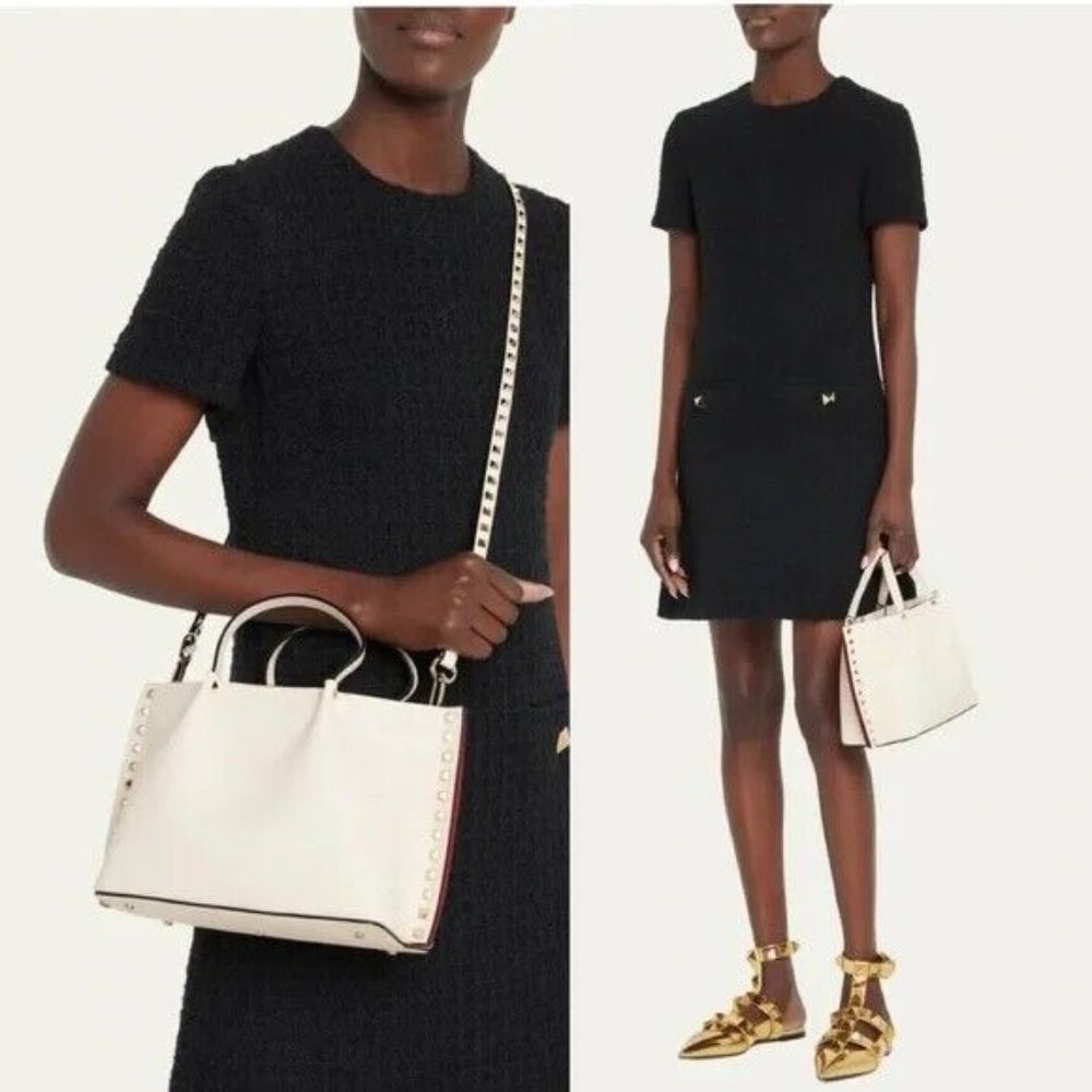 Valentino Garavani Rockstud Small East-West Leather Tote Bag Light Ivory